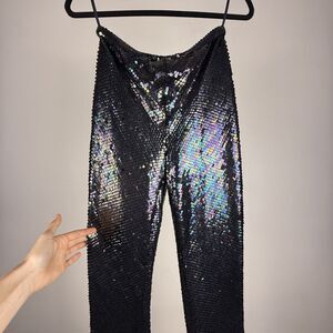 Vintage 70s Sequin Pants Black Iridescent Silk Lined High Waist Disco Glam